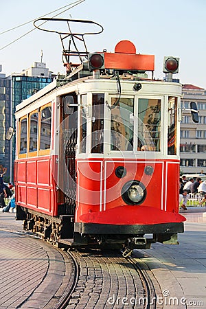 Red vintage tram in Istanbul Stock Photo