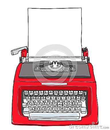 Red vintage typewriter with paper cute painting illustratio Cartoon Illustration