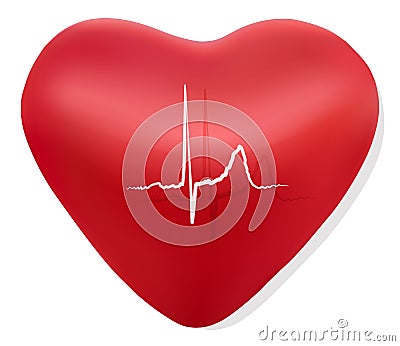 Red volumetric heart isolated on a white background. Cardiogram on the heart. Background for clinics, hospitals, diagnostics. Vector Illustration