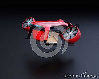 Red VTOL drone carrying delivery packages takeoff on black background Stock Photo