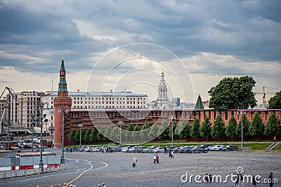 Red wall and watchtower of kremlin Palace near the Red Square in Moscow, Russia Editorial Stock Photo