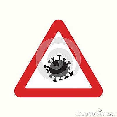 Red warning road sign with corona virus icon on it. Vector Illustration