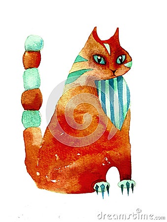 Red watercolor cat stylization Cartoon Illustration