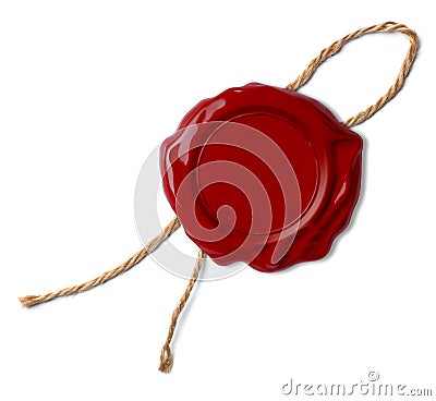 Red wax seal or stamp with rope or thread isolated Stock Photo