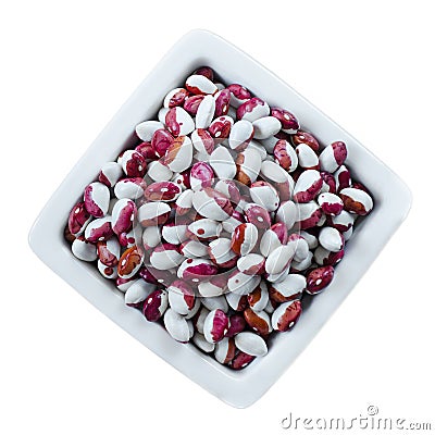 Red-white beans varieties Little Red Riding Hood in a white square bowl. Isolated on white background. Stock Photo