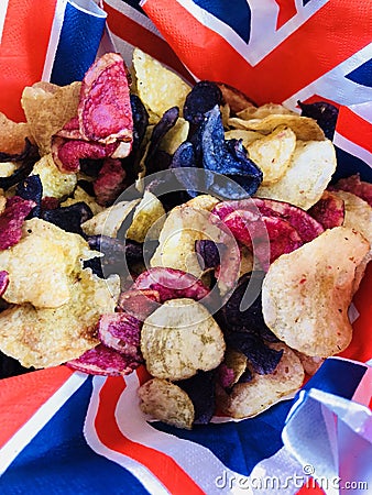Red, white and blue crisps in Stock Photo