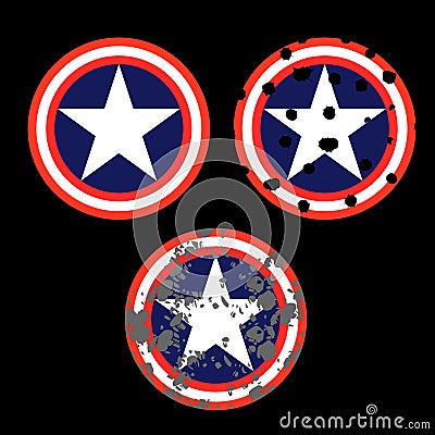 Red, white ,blue and destroy colored shield with a star symbolizing independence of America. Comics shield Vector Illustration
