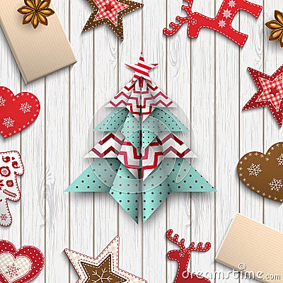 Red, white and blue origami chritmas tree, holiday theme, illustration Vector Illustration