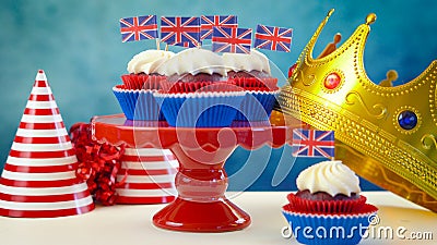 Red white and blue theme cupcakes and crown with UK Union Jack flags Stock Photo