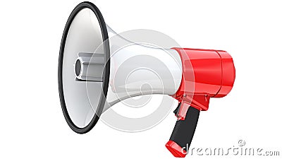Red and white bullhorn public address megaphone. 3d rendering of mega phone, isolated on white background. Stock Photo