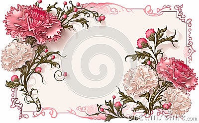 Red and white carnation flowers, decorative background with copy space illustrated vintage style. Generative AI Stock Photo