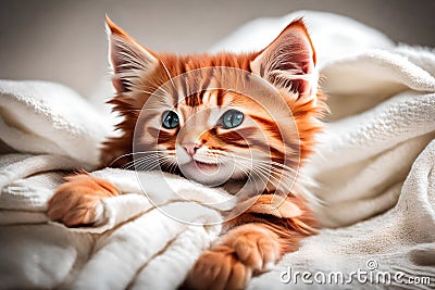 Red cat is adorable as it snuggles on a white blanket Generated Ai Stock Photo