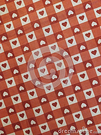 Red and White Checkered Pattern with Hearts - Romantic Background from Kitchen Towel Stock Photo