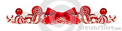 Red and white Christmas baubles, bows and candy cane border Stock Photo