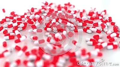 Red and white drug capsules fall on the table, 3D rendering Stock Photo