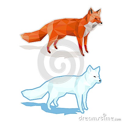 Red and white foxes on white with shadow - low poly Cartoon Illustration