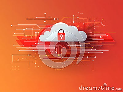 Red and white glowing cloud lock with digital network elements, emphasizing innovative cybersecurity and robust cloud computing Cartoon Illustration