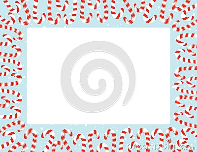 Red and White Holiday Christmas and New Year Flat Candy Canes and Snowfall Square Rectangular Vector Frame Vector Illustration