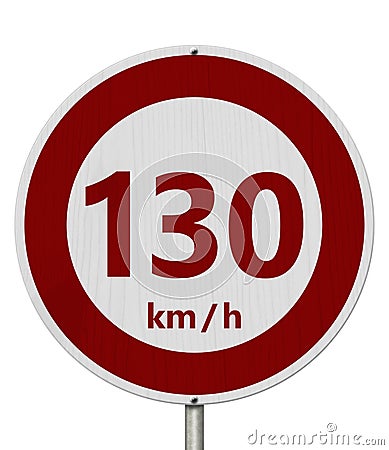 Red and white 130 km speed limit sign Stock Photo