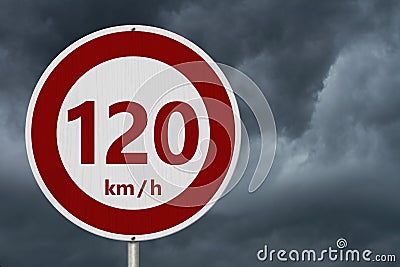 Red and white 120 km speed limit sign Stock Photo