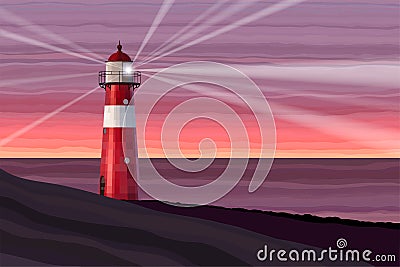 A red and white lighthouse at sea at dusk vector illustration Vector Illustration