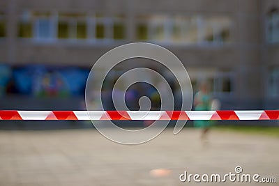 Red and white lines of barrier tape. At the metro station, the airport background. crime scene Stock Photo