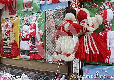 Red and white martenitsi on outdoor market for martenici on the street in Sofia, Bulgaria on Feb 8, 2016. Editorial Stock Photo