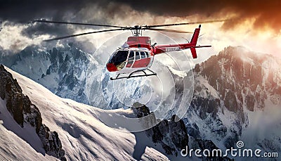 Red and White Mountain Rescue Helicopter - Generative Ai Stock Photo