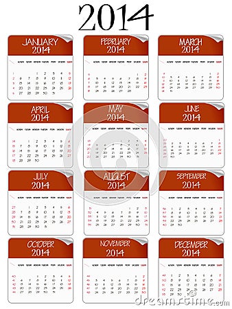 Red and white paper calendar 2014 Vector Illustration