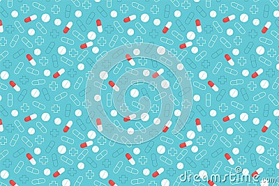 Red and white pills pattern. Blue medical background Stock Photo