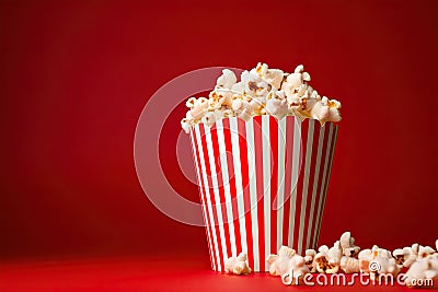 Red and white popcorn box on a red backdrop. Generative AI Stock Photo