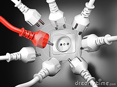 Red and white power plugs and a socket - leadership concept Cartoon Illustration