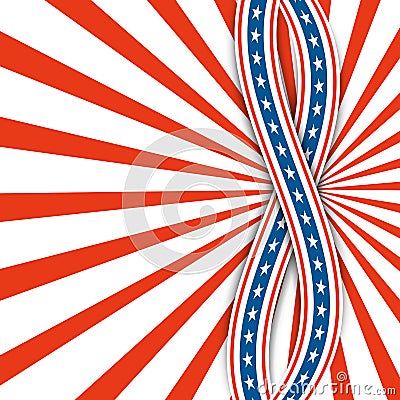 Red and white rays.Abstract background USA independence day.Two ribbons with stars. Vector Illustration