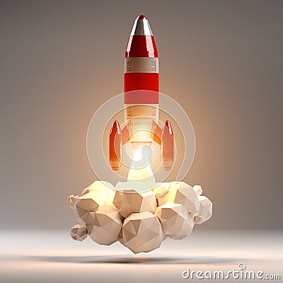 Red and white rocket launching 3D rendering Stock Photo
