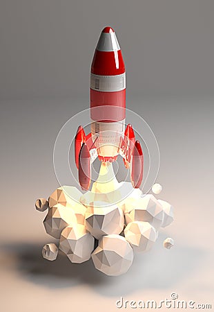 Red and white rocket launching 3D rendering Stock Photo