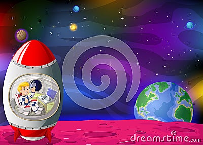 Red White Rocket With Moon, Earth, and Other Planets in Galaxy Space Cartoon Stock Photo