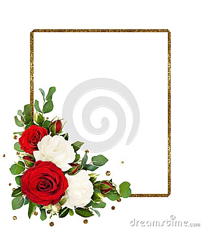 Red and white rose flowers with eucalyptus leaves and golden glitter frame Stock Photo