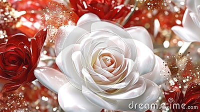 Red And White Rose Flowers Glitter Super Detail. Generative AI Stock Photo