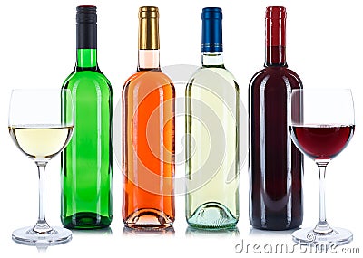 Red and white rose wine bottles beverage wines collection isolated on white Stock Photo