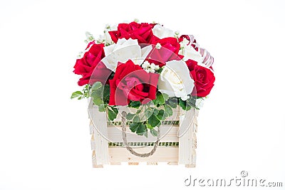 Red and white rose in a wooden basket with beautiful ribbon, gif Stock Photo