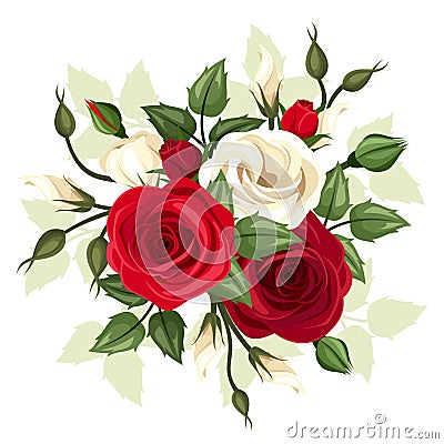 Red and white roses and lisianthus flowers. Vector illustration. Vector Illustration