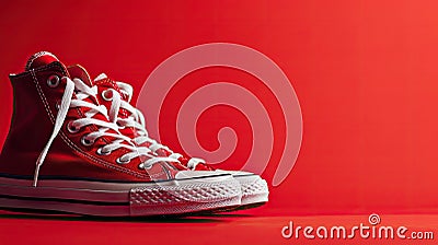 Red and White Sneakers on Red Background Stock Photo