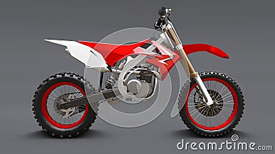 Red and white sport bike for cross-country on a gray background. Racing Sportbike. Modern Supercross Motocross Dirt Bike Stock Photo