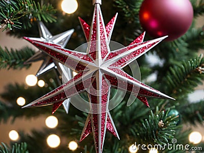 A Red And White Star Orname On A Christmas Tree. Generative AI Stock Photo