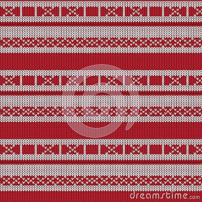 Red and white striped with diamond shape and cross sign knitting Vector Illustration