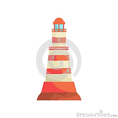 Red and white striped lighthouse, searchlight tower for maritime navigation guidance vector Illustration Vector Illustration