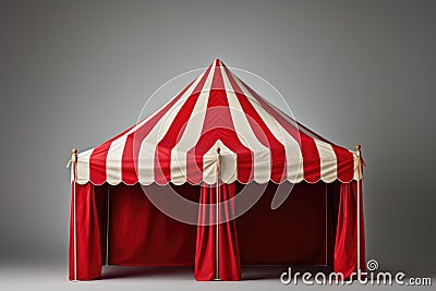 A red and white striped tent with curtains. Generative AI image. Stock Photo