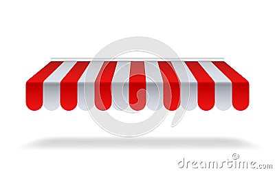 Red and white sunshade for marketplace or shop. Open awning with striped canvas for circus or store.Red canopy for cafe on Cartoon Illustration