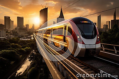 A red and white train makes its way through the busy streets of a lively city, The high-speed train in Bangkok, Thailand, races Stock Photo