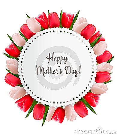 Red and white tulips with Happy Mother's Day note. Vector Illustration